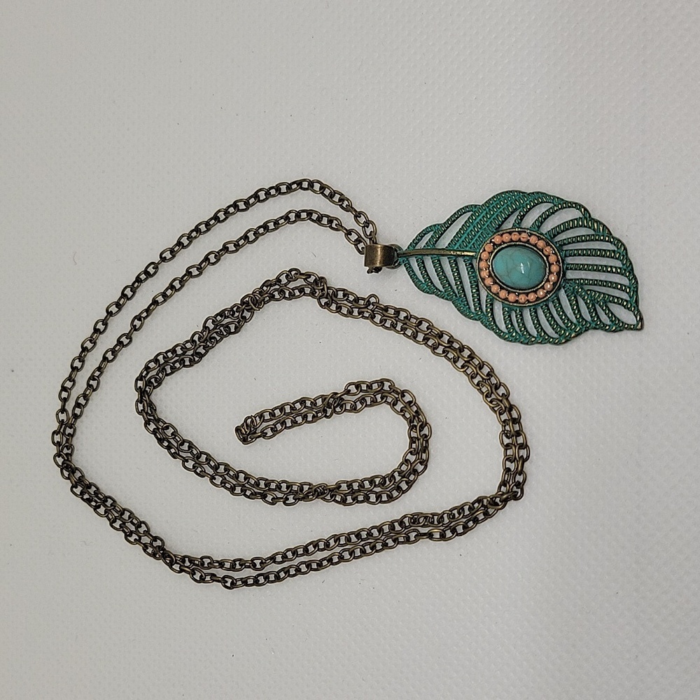Turquoise w Stone Distressed 1.5" Feathee Charm Dark Faux Copper 30" Necklace